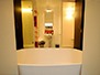 Bathroom with huge stone tub with shower to the left and toilet to the right