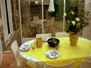 Dining table in kitchen, overlooking outdoor patio